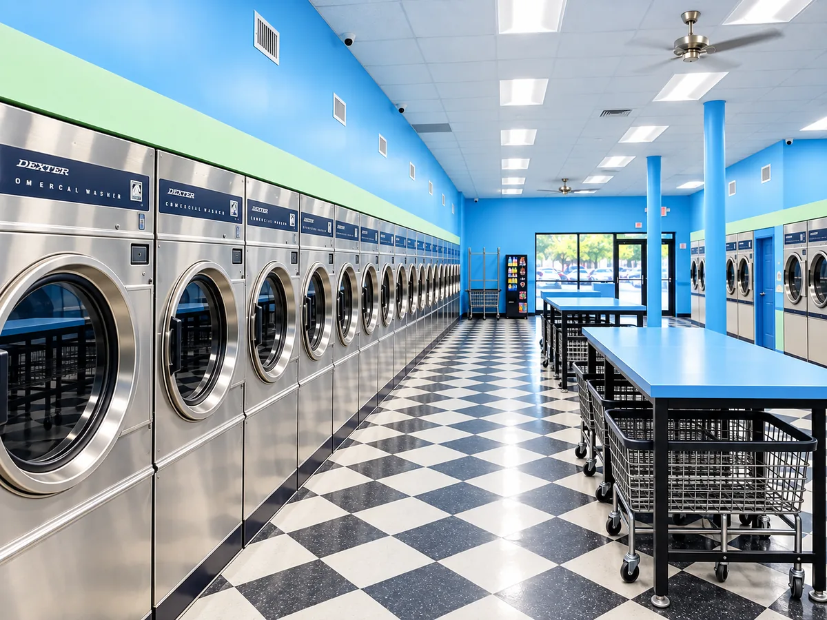 Rows of commercial washers and dryers in a clean laundromat